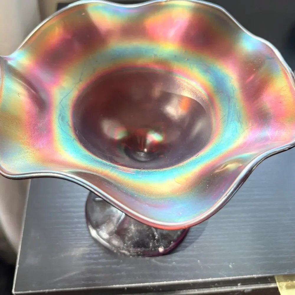 Antique Northwood Amethyst Rainbow Carnival Glass Pedestal Dish, Basket Weave